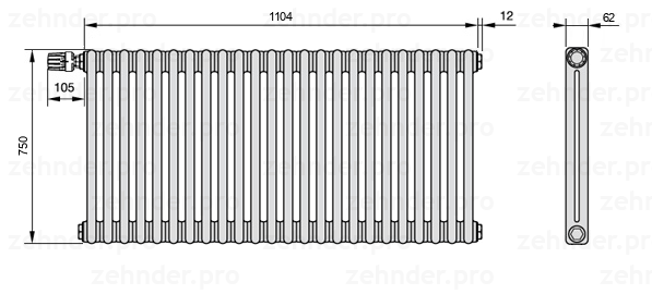 Схема (чертеж) Радиатор Zehnder Charleston 2075/24 №V012 Белый глянцевый RAL 9016